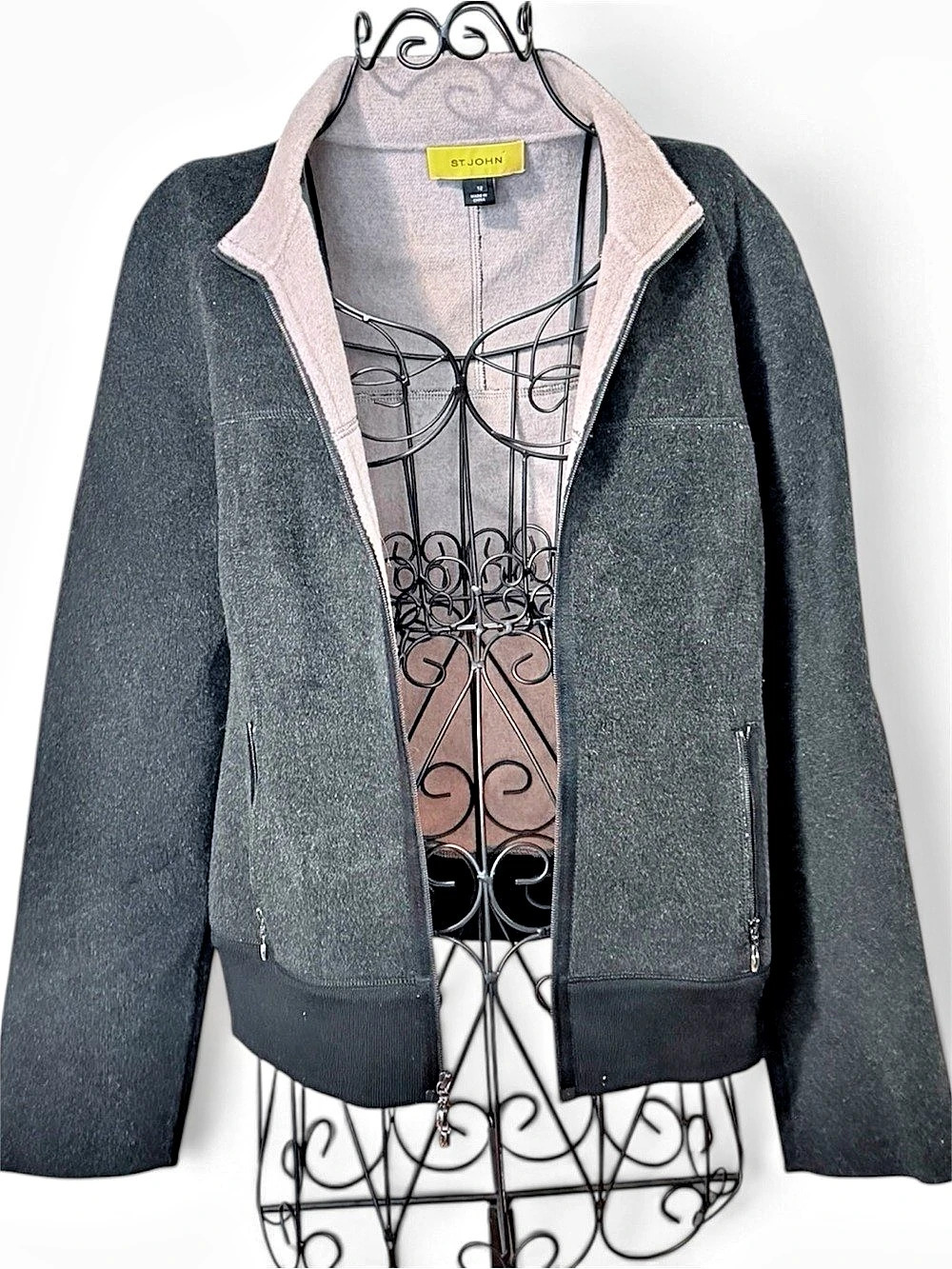 St. John Women's Gray & Tan Angora/Wool Bomber Jacket Size 12 Like New